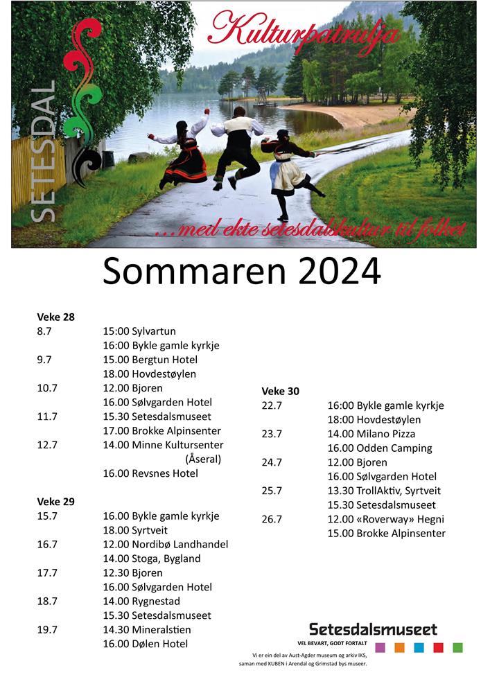 Plakater som forklarer tilbudet til setesdalsmuseet sommeren 2024. - Klikk for stort bilde