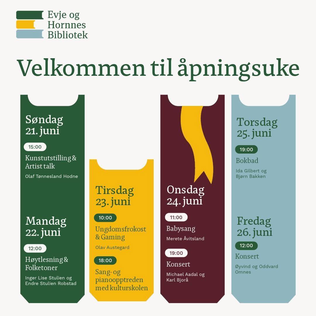Grafiske element som viser hva slags arrangement som skal være på det nyåpnede biblioteket denne dagen. Grafikken viser omrisset av bøker og bilde av de som kommer for å lede arrangementet. 
