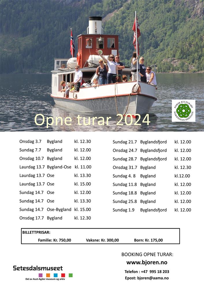 Plakater som forklarer tilbudet til setesdalsmuseet sommeren 2024. - Klikk for stort bilde